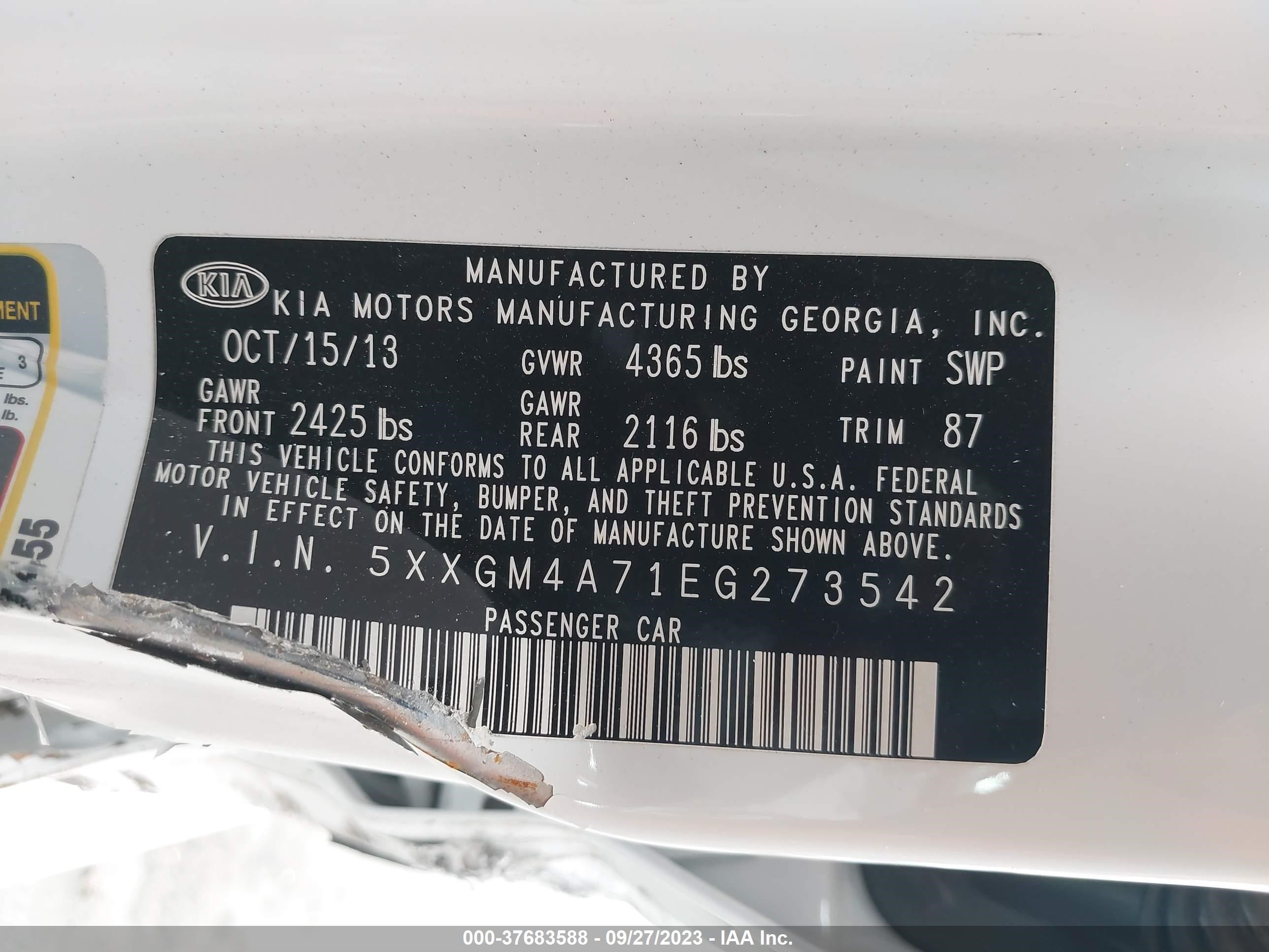 Photo 8 VIN: 5XXGM4A71EG273542 - KIA OPTIMA 