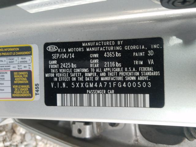 Photo 9 VIN: 5XXGM4A71FG400503 - KIA OPTIMA LX 