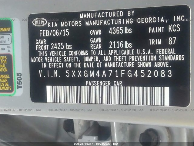 Photo 8 VIN: 5XXGM4A71FG452083 - KIA OPTIMA 