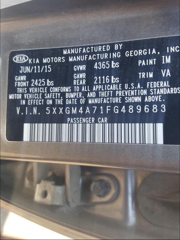 Photo 9 VIN: 5XXGM4A71FG489683 - KIA OPTIMA LX 