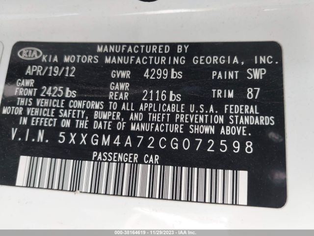 Photo 8 VIN: 5XXGM4A72CG072598 - KIA OPTIMA 