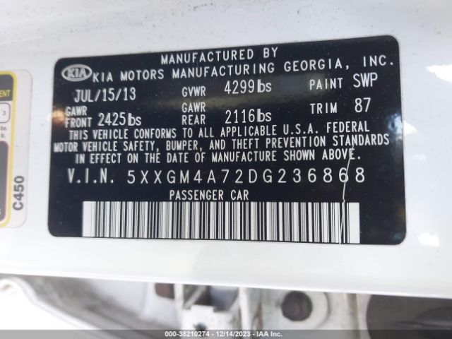 Photo 8 VIN: 5XXGM4A72DG236868 - KIA OPTIMA 