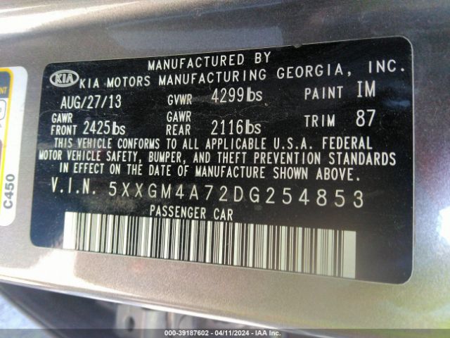 Photo 8 VIN: 5XXGM4A72DG254853 - KIA OPTIMA 