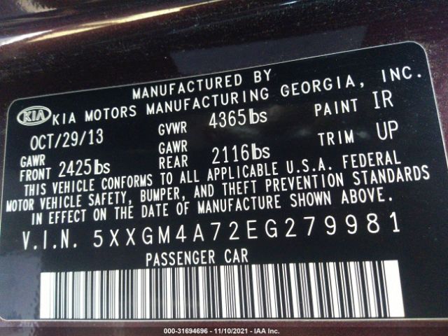 Photo 8 VIN: 5XXGM4A72EG279981 - KIA OPTIMA 