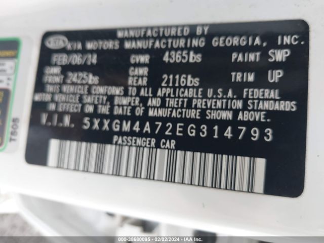 Photo 8 VIN: 5XXGM4A72EG314793 - KIA OPTIMA 