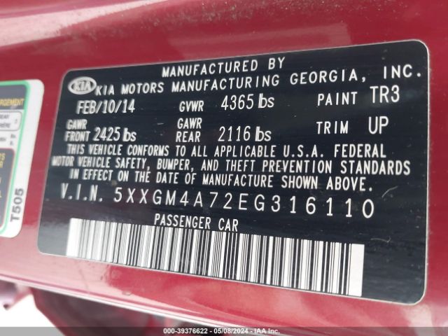 Photo 8 VIN: 5XXGM4A72EG316110 - KIA OPTIMA 