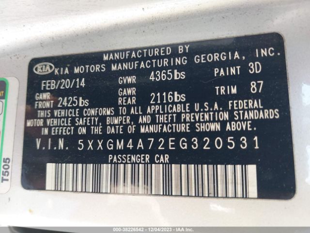 Photo 8 VIN: 5XXGM4A72EG320531 - KIA OPTIMA 