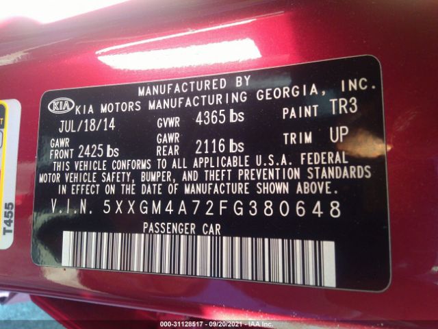 Photo 8 VIN: 5XXGM4A72FG380648 - KIA OPTIMA 