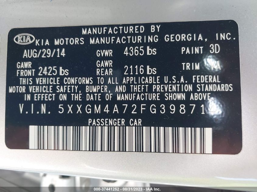 Photo 8 VIN: 5XXGM4A72FG398714 - KIA OPTIMA 