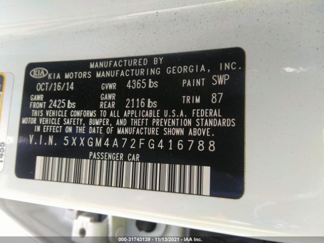 Photo 8 VIN: 5XXGM4A72FG416788 - KIA OPTIMA 