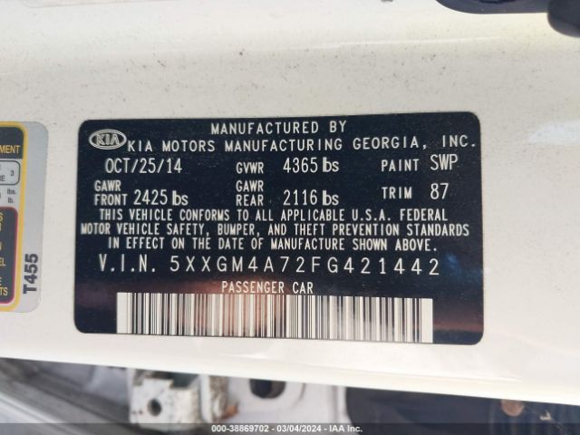 Photo 8 VIN: 5XXGM4A72FG421442 - KIA OPTIMA 