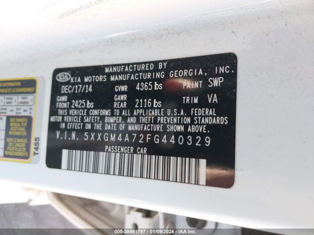 Photo 8 VIN: 5XXGM4A72FG440329 - KIA OPTIMA 