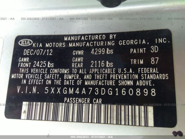 Photo 8 VIN: 5XXGM4A73DG160898 - KIA OPTIMA 