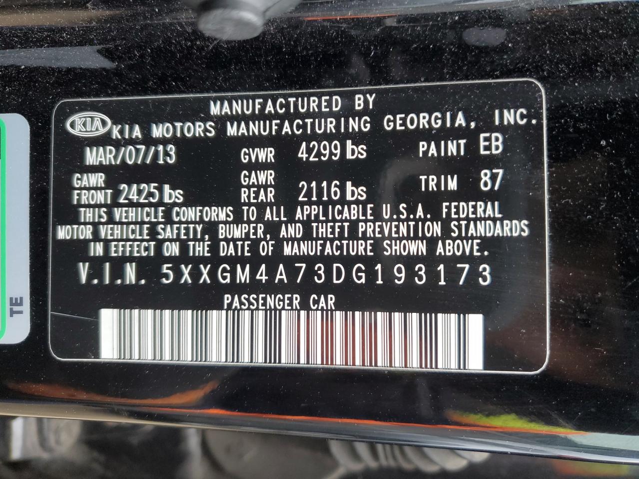 Photo 11 VIN: 5XXGM4A73DG193173 - KIA OPTIMA 