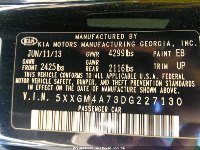 Photo 8 VIN: 5XXGM4A73DG227130 - KIA OPTIMA 