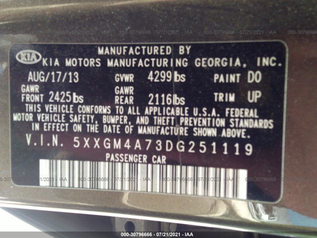 Photo 8 VIN: 5XXGM4A73DG251119 - KIA OPTIMA 