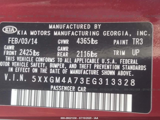 Photo 8 VIN: 5XXGM4A73EG313328 - KIA OPTIMA 