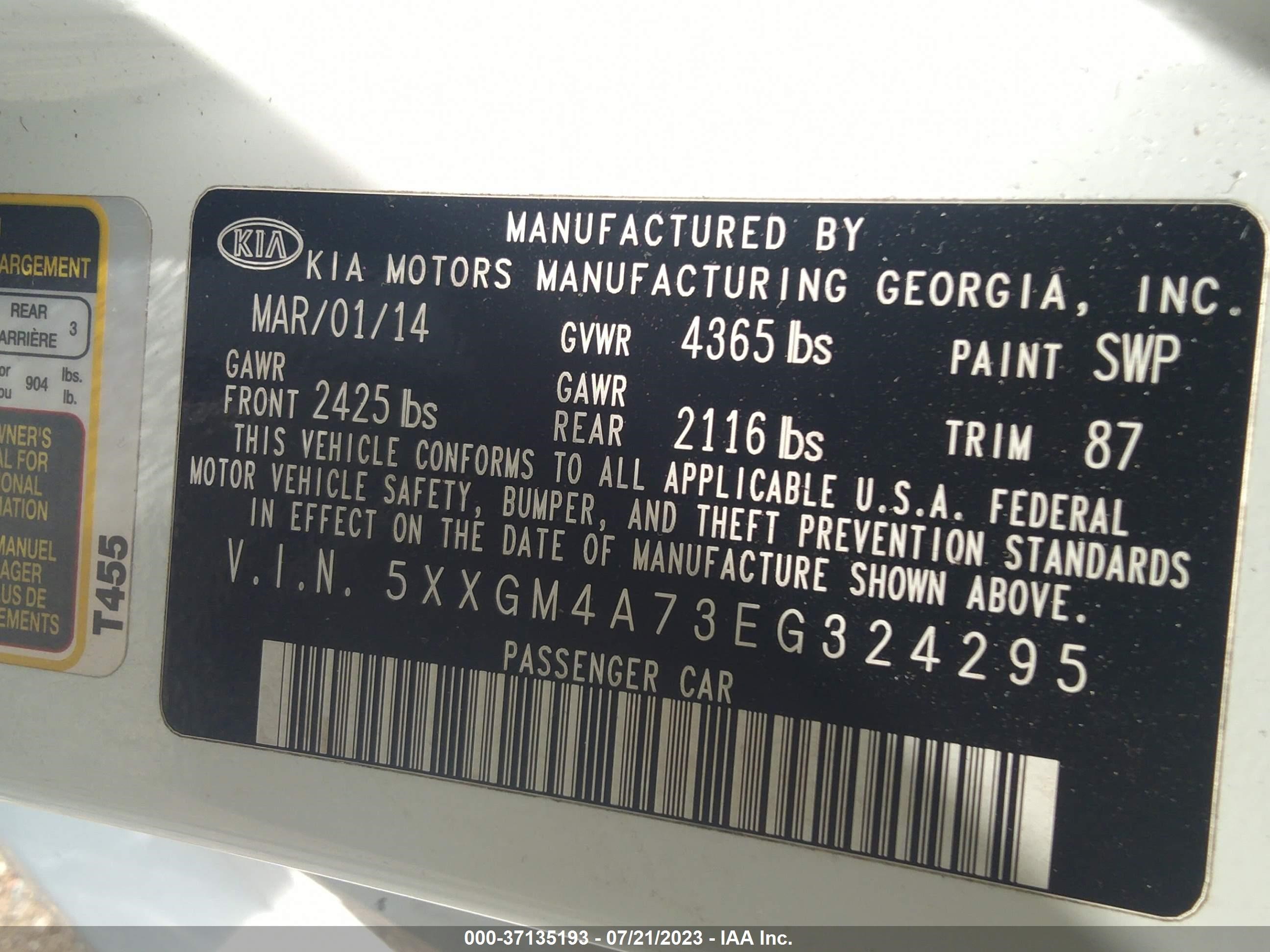 Photo 8 VIN: 5XXGM4A73EG324295 - KIA OPTIMA 