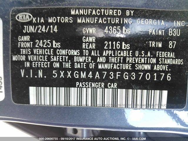 Photo 8 VIN: 5XXGM4A73FG370176 - KIA OPTIMA 