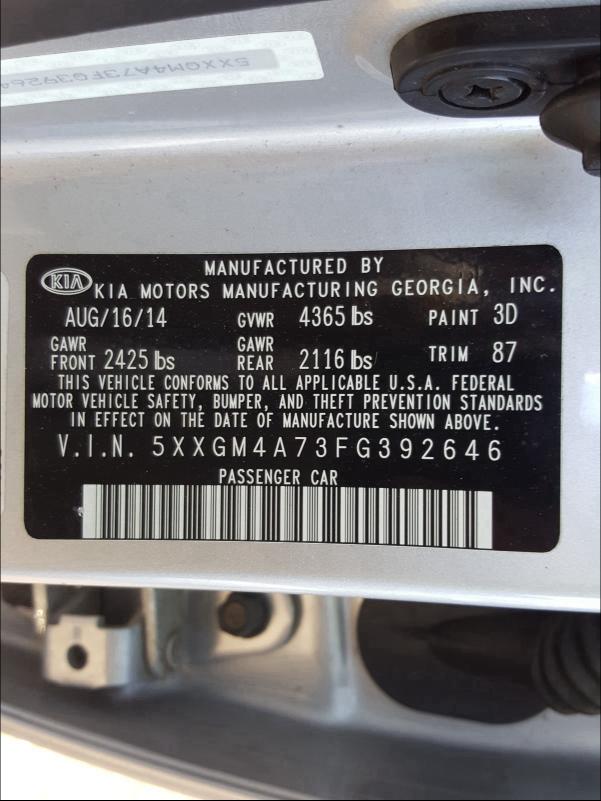 Photo 9 VIN: 5XXGM4A73FG392646 - KIA OPTIMA LX 