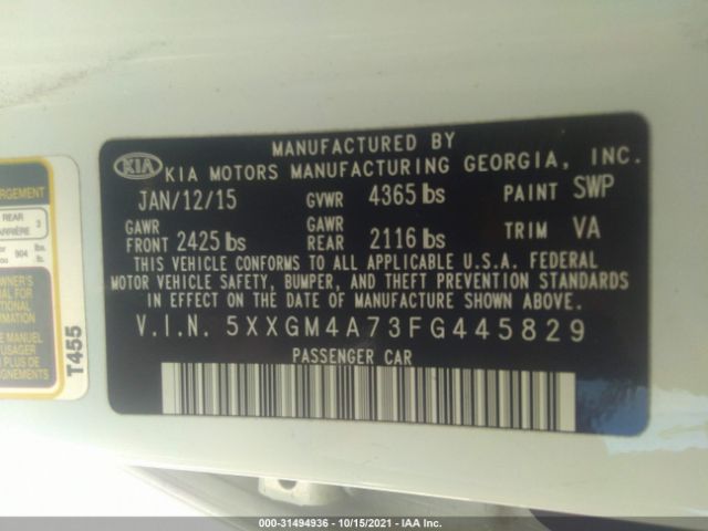 Photo 8 VIN: 5XXGM4A73FG445829 - KIA OPTIMA 