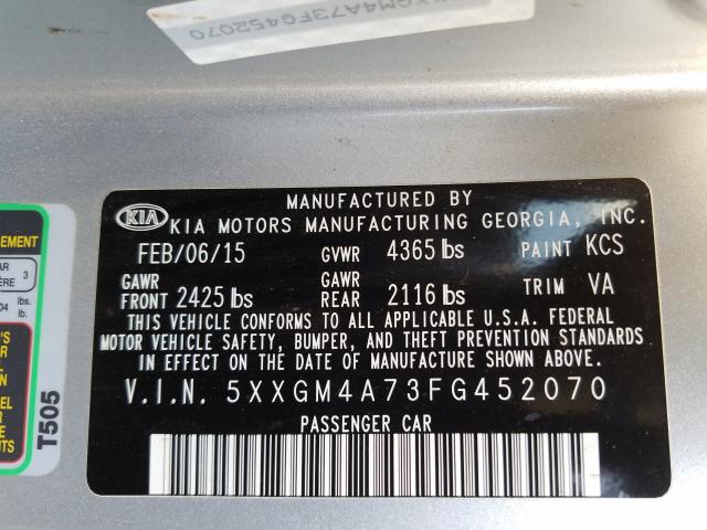 Photo 9 VIN: 5XXGM4A73FG452070 - KIA OPTIMA LX 