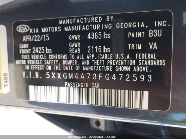 Photo 8 VIN: 5XXGM4A73FG472593 - KIA OPTIMA 