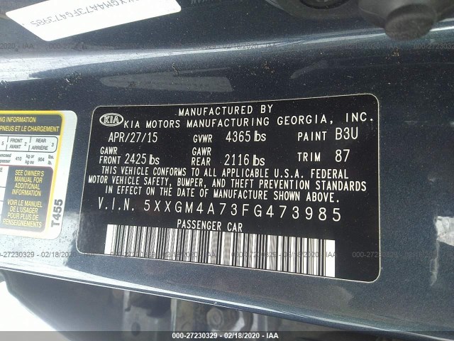 Photo 8 VIN: 5XXGM4A73FG473985 - KIA OPTIMA 