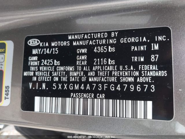 Photo 8 VIN: 5XXGM4A73FG479673 - KIA OPTIMA 