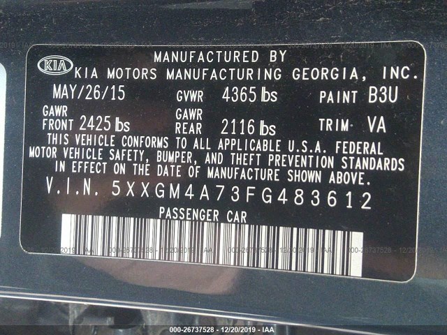 Photo 8 VIN: 5XXGM4A73FG483612 - KIA OPTIMA 