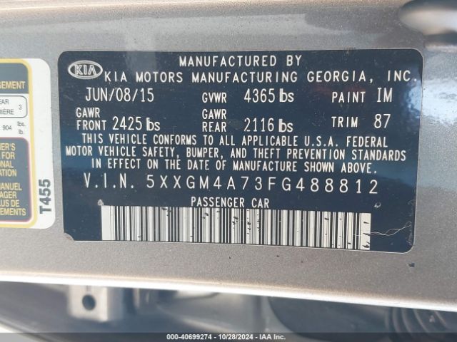 Photo 8 VIN: 5XXGM4A73FG488812 - KIA OPTIMA 