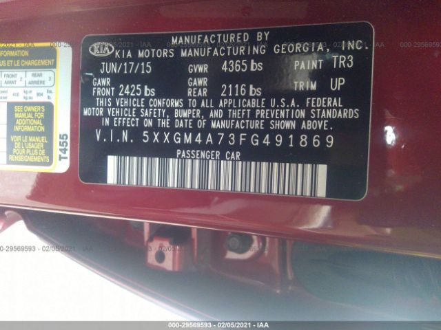 Photo 8 VIN: 5XXGM4A73FG491869 - KIA OPTIMA 