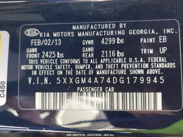 Photo 8 VIN: 5XXGM4A74DG179945 - KIA OPTIMA 