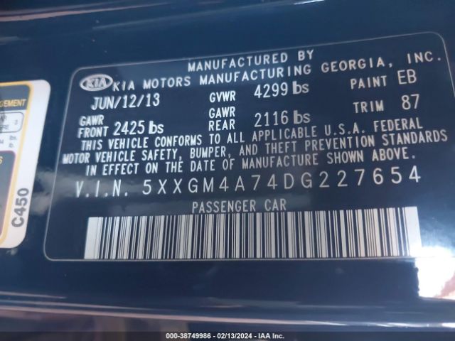 Photo 8 VIN: 5XXGM4A74DG227654 - KIA OPTIMA 