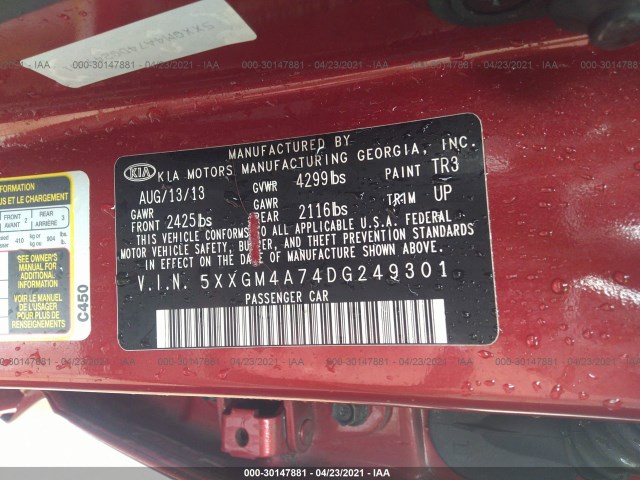 Photo 8 VIN: 5XXGM4A74DG249301 - KIA OPTIMA 