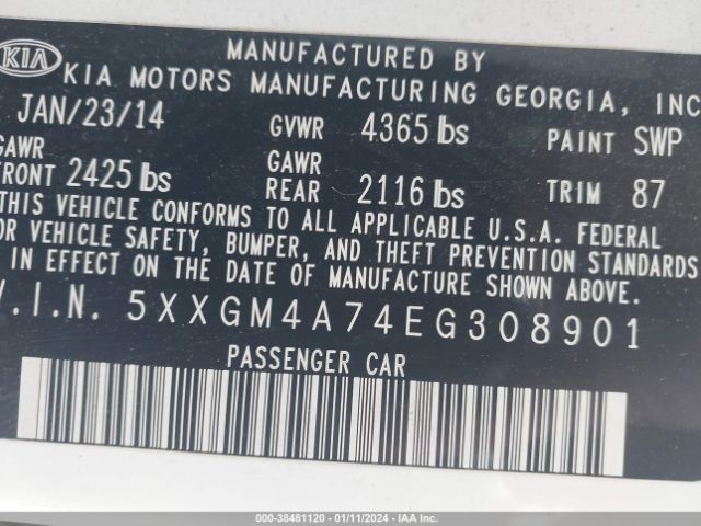 Photo 8 VIN: 5XXGM4A74EG308901 - KIA OPTIMA 