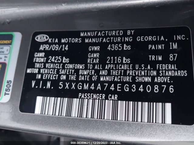 Photo 8 VIN: 5XXGM4A74EG340876 - KIA OPTIMA 