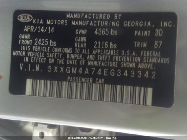 Photo 8 VIN: 5XXGM4A74EG343342 - KIA OPTIMA 