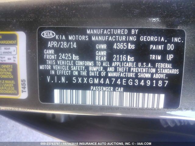 Photo 8 VIN: 5XXGM4A74EG349187 - KIA OPTIMA 