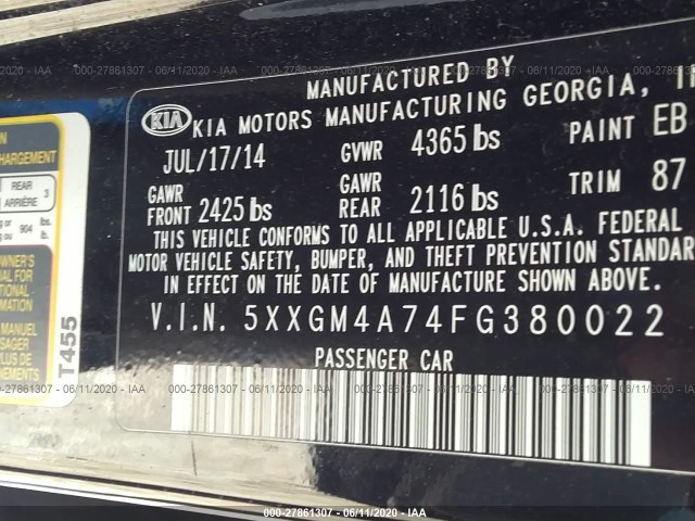 Photo 8 VIN: 5XXGM4A74FG380022 - KIA OPTIMA 