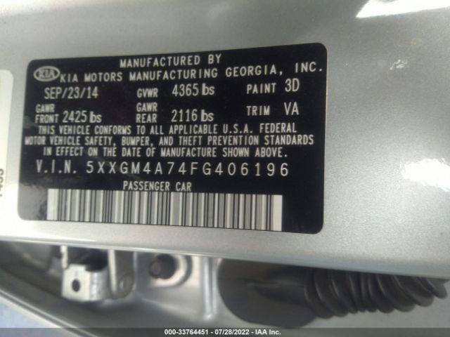 Photo 8 VIN: 5XXGM4A74FG406196 - KIA OPTIMA 