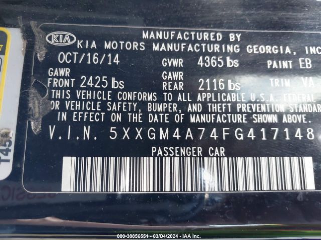 Photo 8 VIN: 5XXGM4A74FG417148 - KIA OPTIMA 