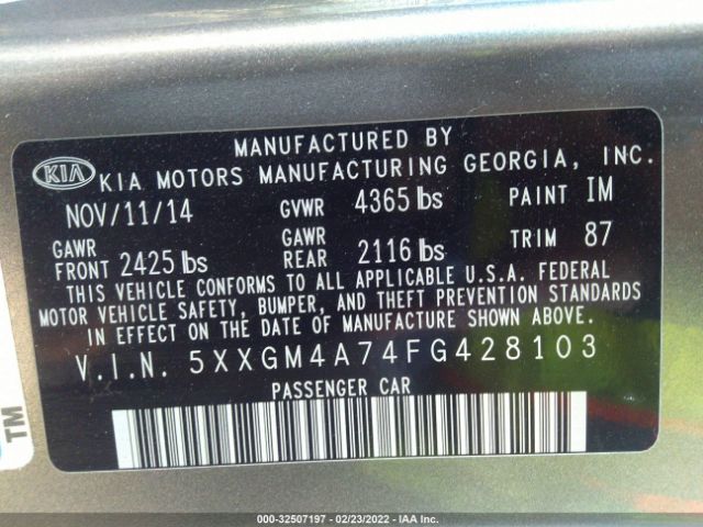 Photo 8 VIN: 5XXGM4A74FG428103 - KIA OPTIMA 