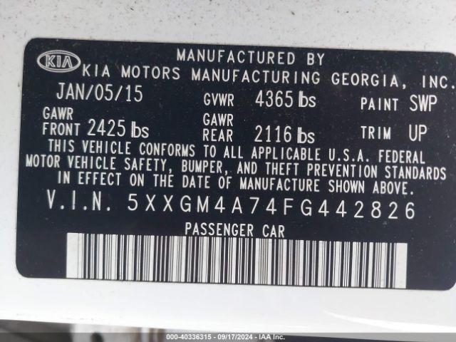 Photo 8 VIN: 5XXGM4A74FG442826 - KIA OPTIMA 