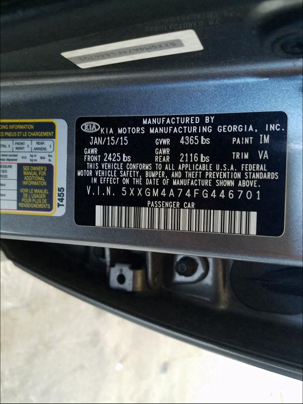 Photo 9 VIN: 5XXGM4A74FG446701 - KIA OPTIMA LX 