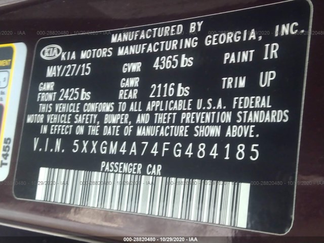 Photo 8 VIN: 5XXGM4A74FG484185 - KIA OPTIMA 