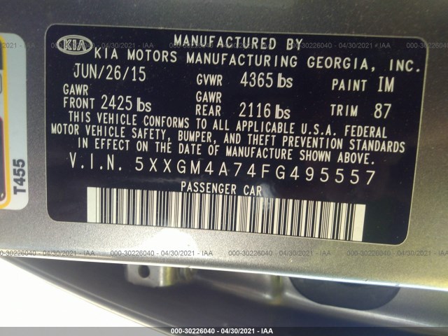 Photo 8 VIN: 5XXGM4A74FG495557 - KIA OPTIMA 