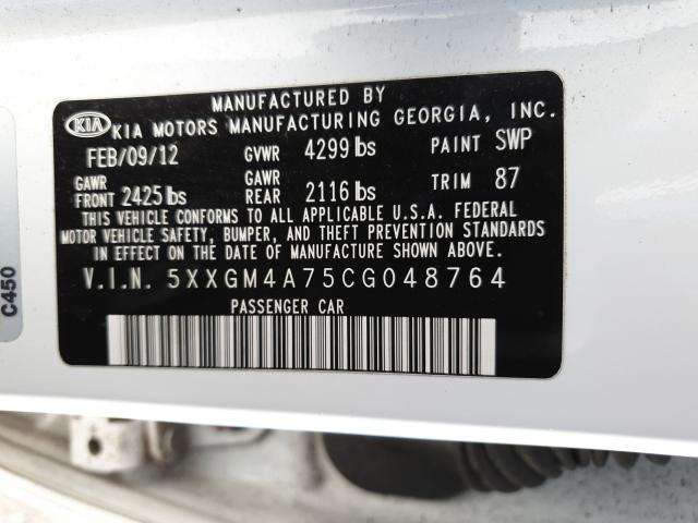 Photo 9 VIN: 5XXGM4A75CG048764 - KIA OPTIMA LX 