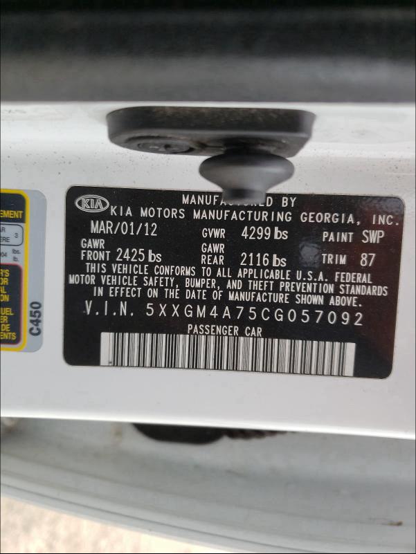 Photo 9 VIN: 5XXGM4A75CG057092 - KIA OPTIMA LX 