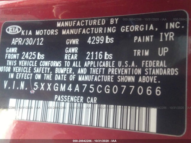 Photo 8 VIN: 5XXGM4A75CG077066 - KIA OPTIMA 